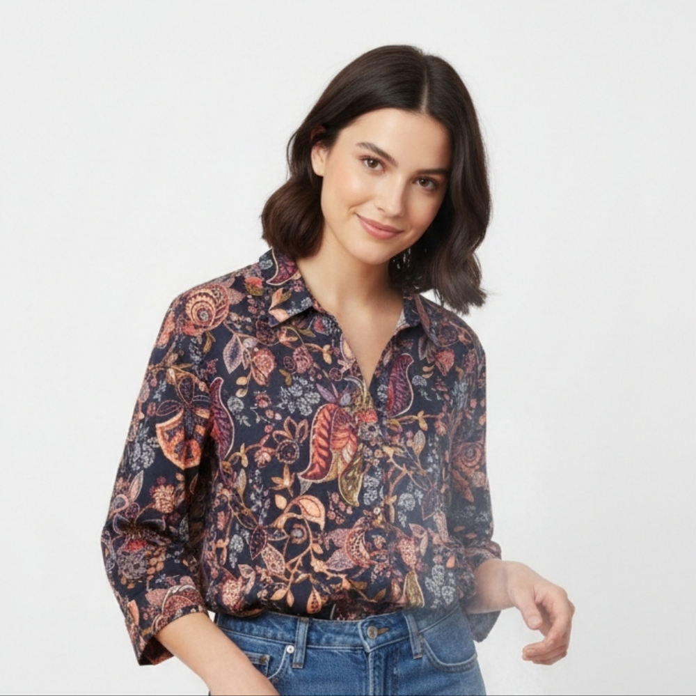 Allison Daley Blouse Button Up Tunic Blue Pink Floral Boho Festival 16